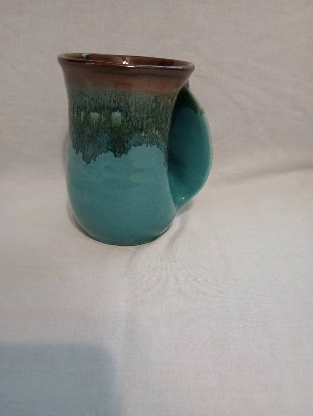 Neher Clay In Motion Ocean Tide Blue Brown Drip Glaze Right Hand Handwarmer Mug